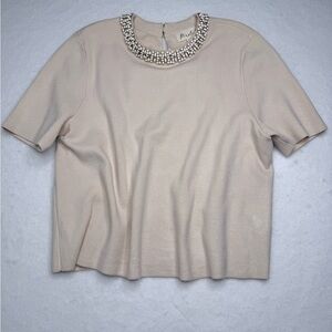 Marled Cream Short Sleeve Top with Beaded Collar